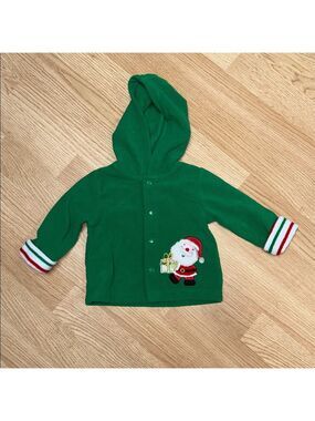 Green Hooded Fleece Jacket with Santa Design. Holiday Christmas Cozy